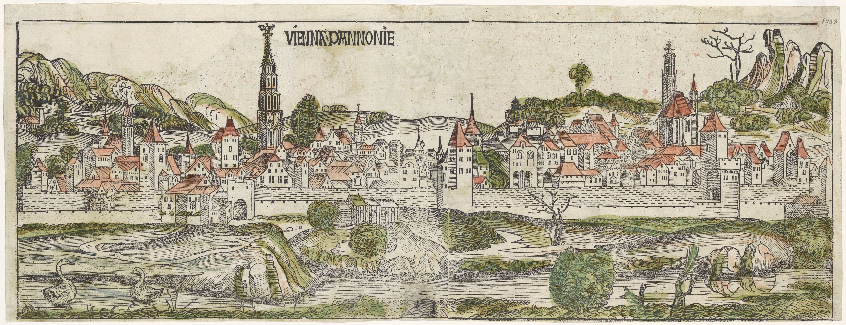 Ansicht Wiens von Norden aus dem Liber Chronicarum von Hartnabb Schedels. Datiert 1493.